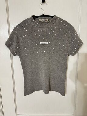 NWT Miu miu grey knit top with pearl and crystal embellishment